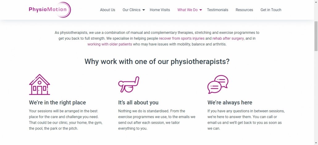 What we do _ PhysioMotion – Physiotherapy treatment Section of What We Do Page for PhysioMotion